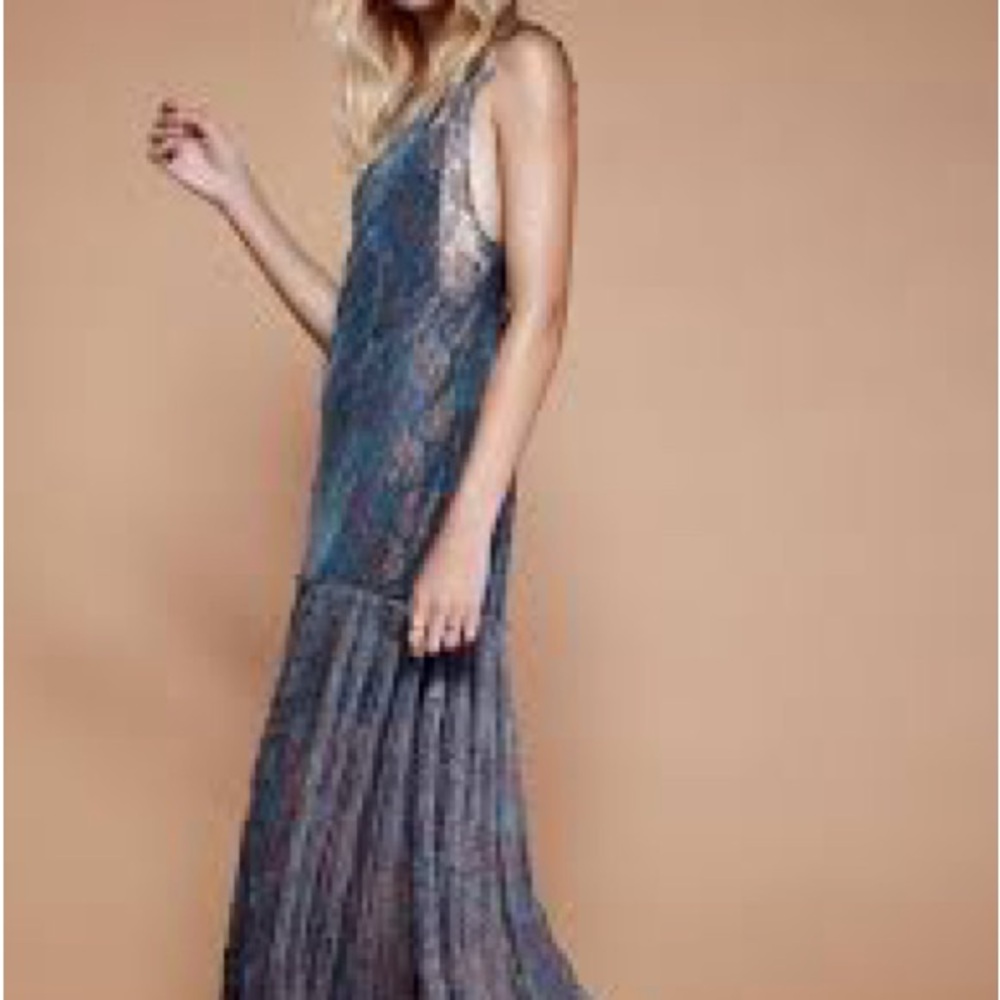 Free People Dusty Blue Lace Backless Maxi Dress size XS - Picture 3 of 7